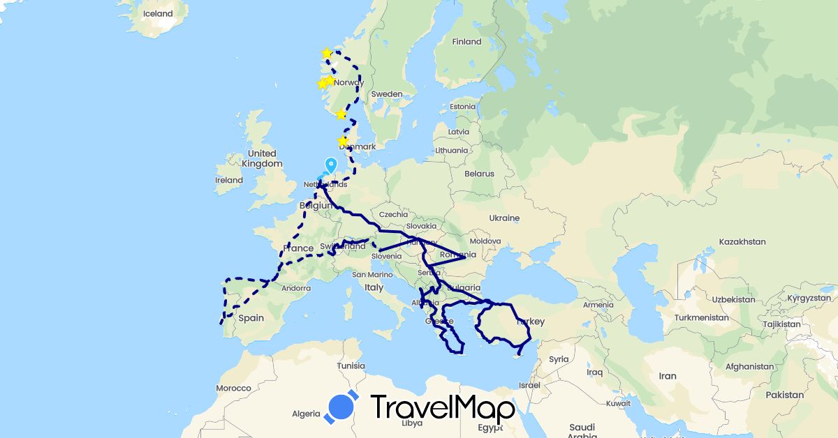 TravelMap itinerary: driving, boat in Albania, Austria, Switzerland, Cyprus, Denmark, Spain, France, Greece, Hungary, Montenegro, Macedonia, Netherlands, Norway, Portugal, Romania, Serbia, Slovenia, Turkey (Asia, Europe)