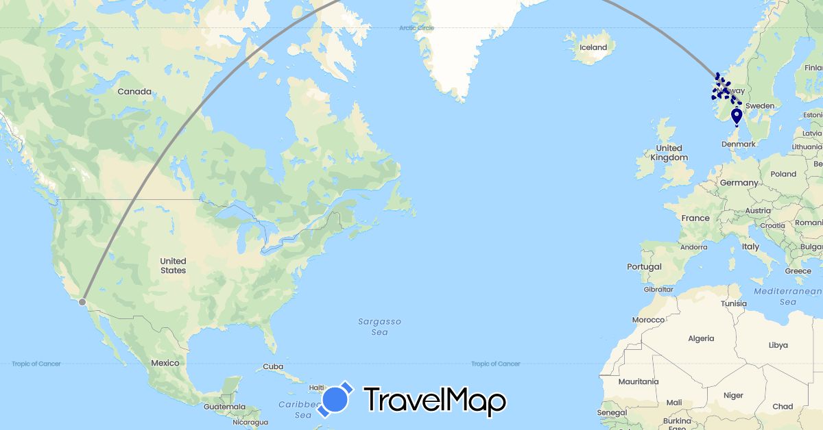 TravelMap itinerary: driving, plane in Denmark, Norway, United States (Europe, North America)